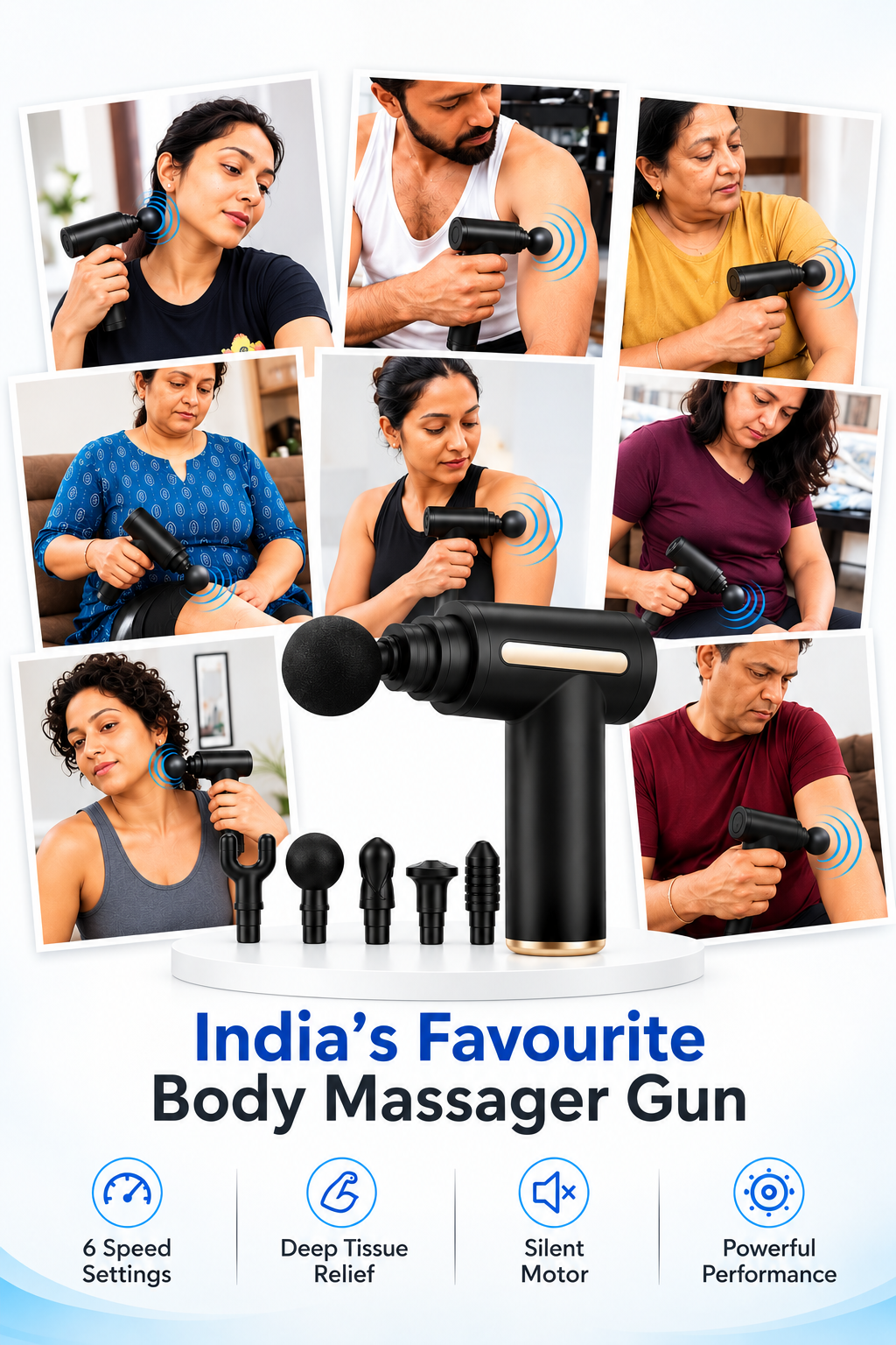 Percussion Massage Gun – 6 Speeds, 8 Massage Heads & Cordless Design