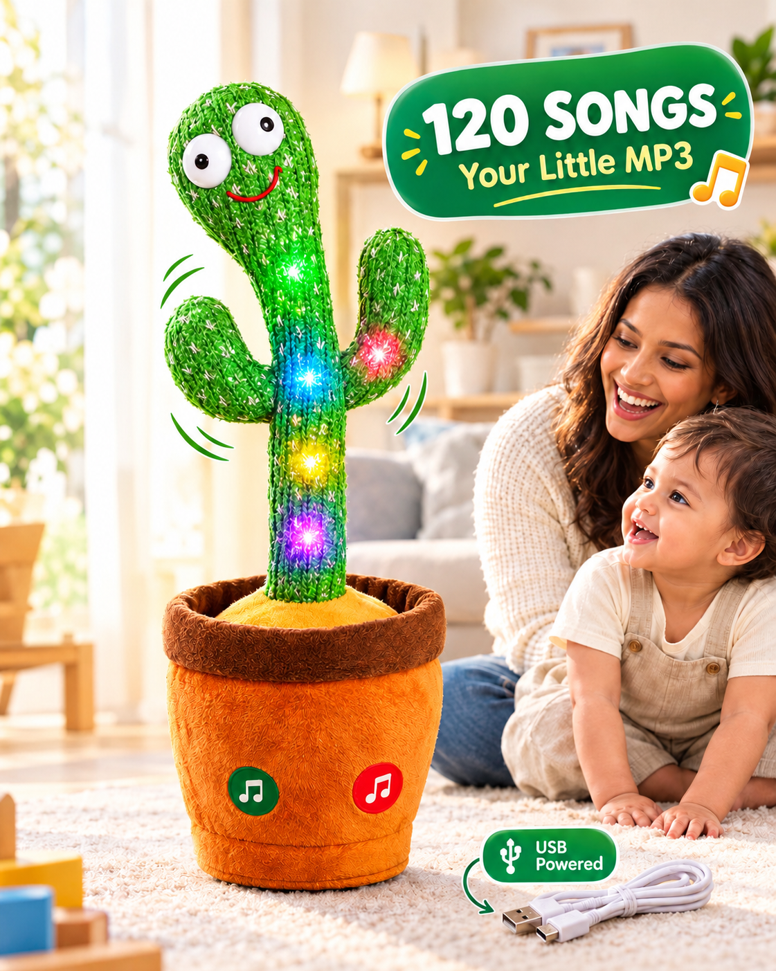 Dancing Cactus Plush Toy with Music, Lights & Singing Function